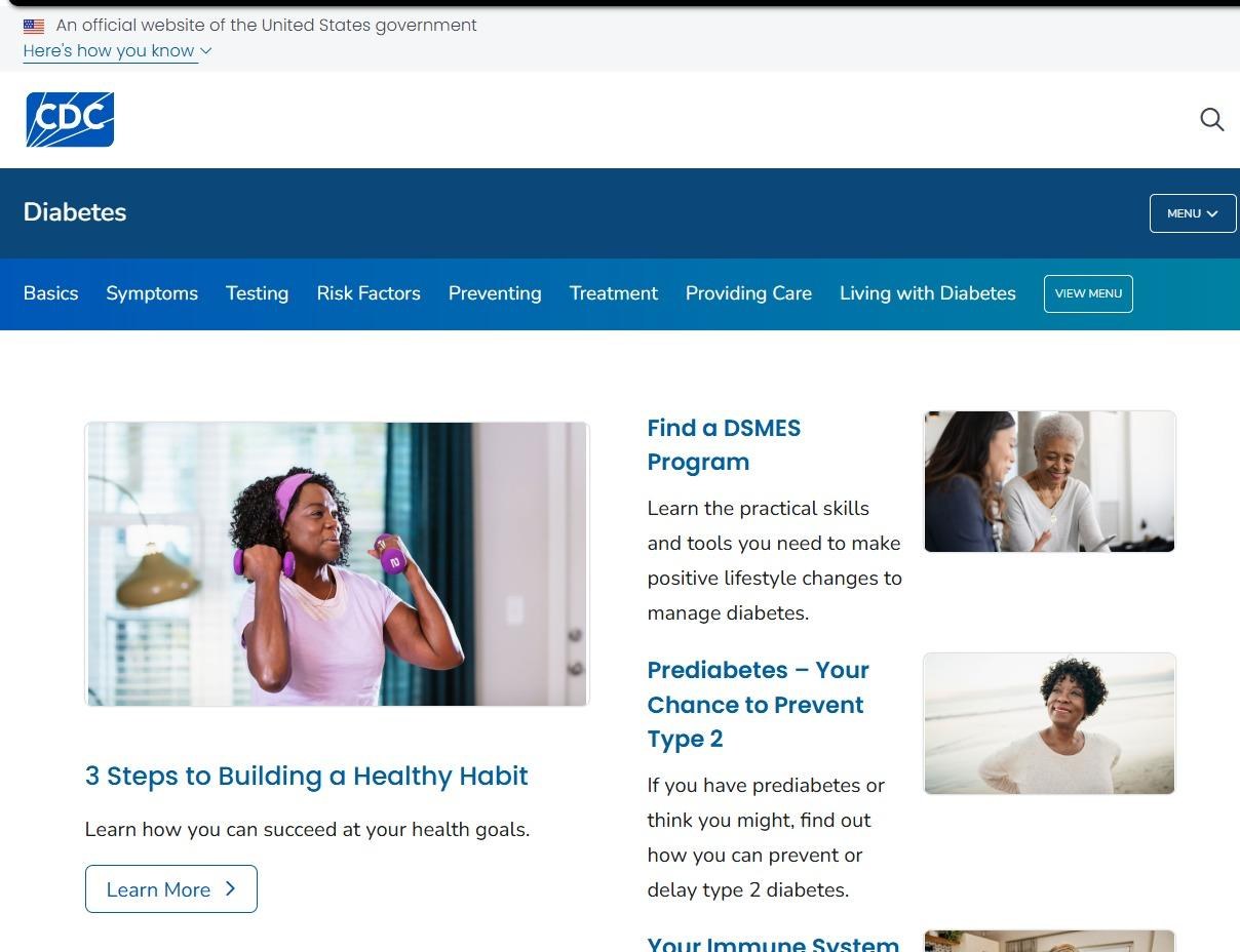 CDC diabetes page before the rebuild, with competing content blocks and a less consistent hierarchy